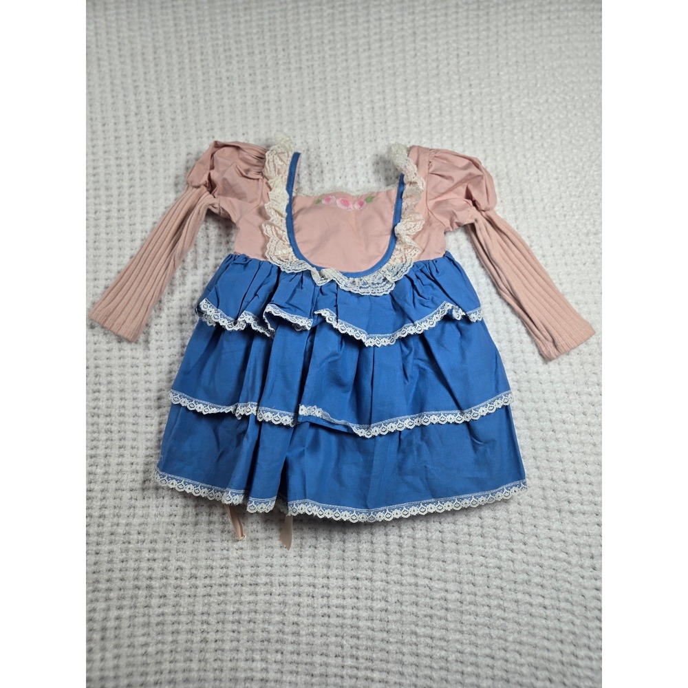 Dollcake Girls Blue Pink Tiered Lace Ruffle Dress Floral Embroidery NWT